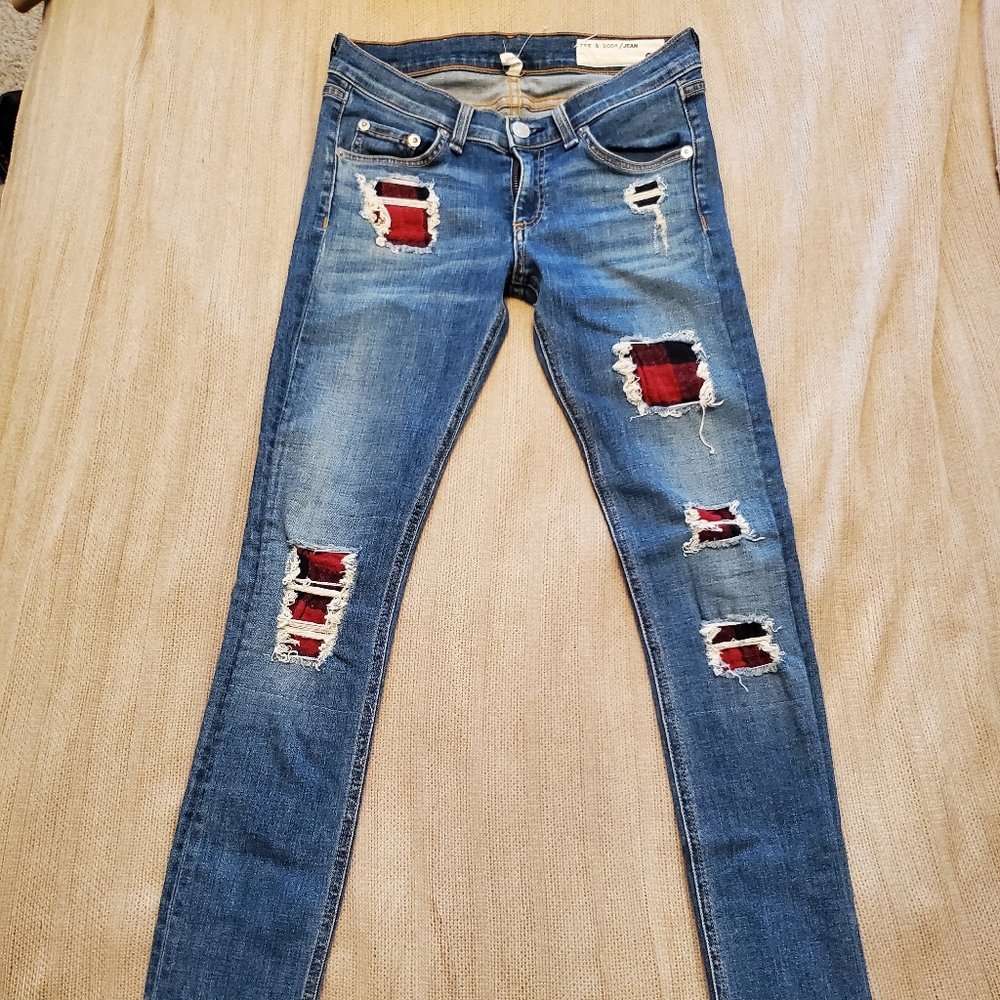 Rag n Bone, distressed patch jeans.